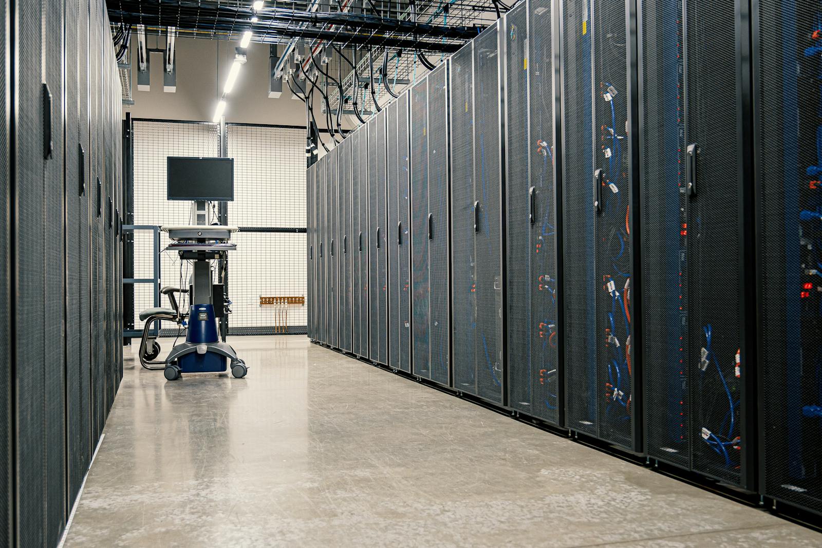 Server racks in a data center corridor